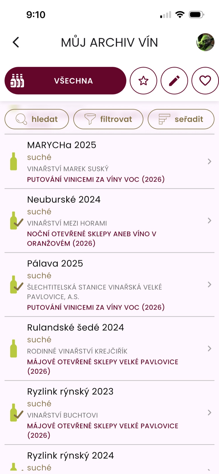 Osobní archiv ochutnaných vín