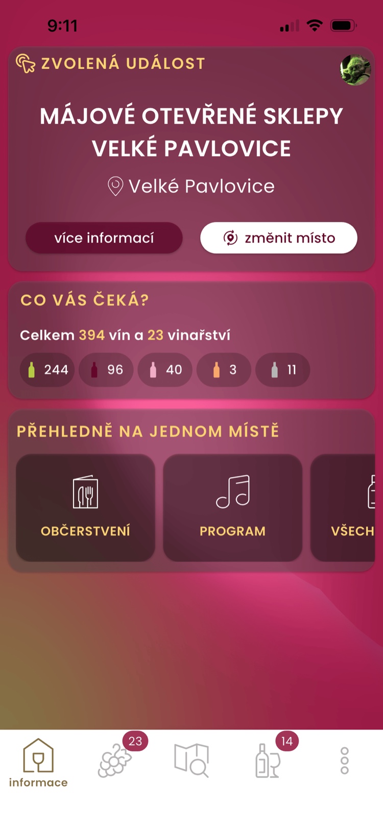 Domovská obrazovka v průběhu akce