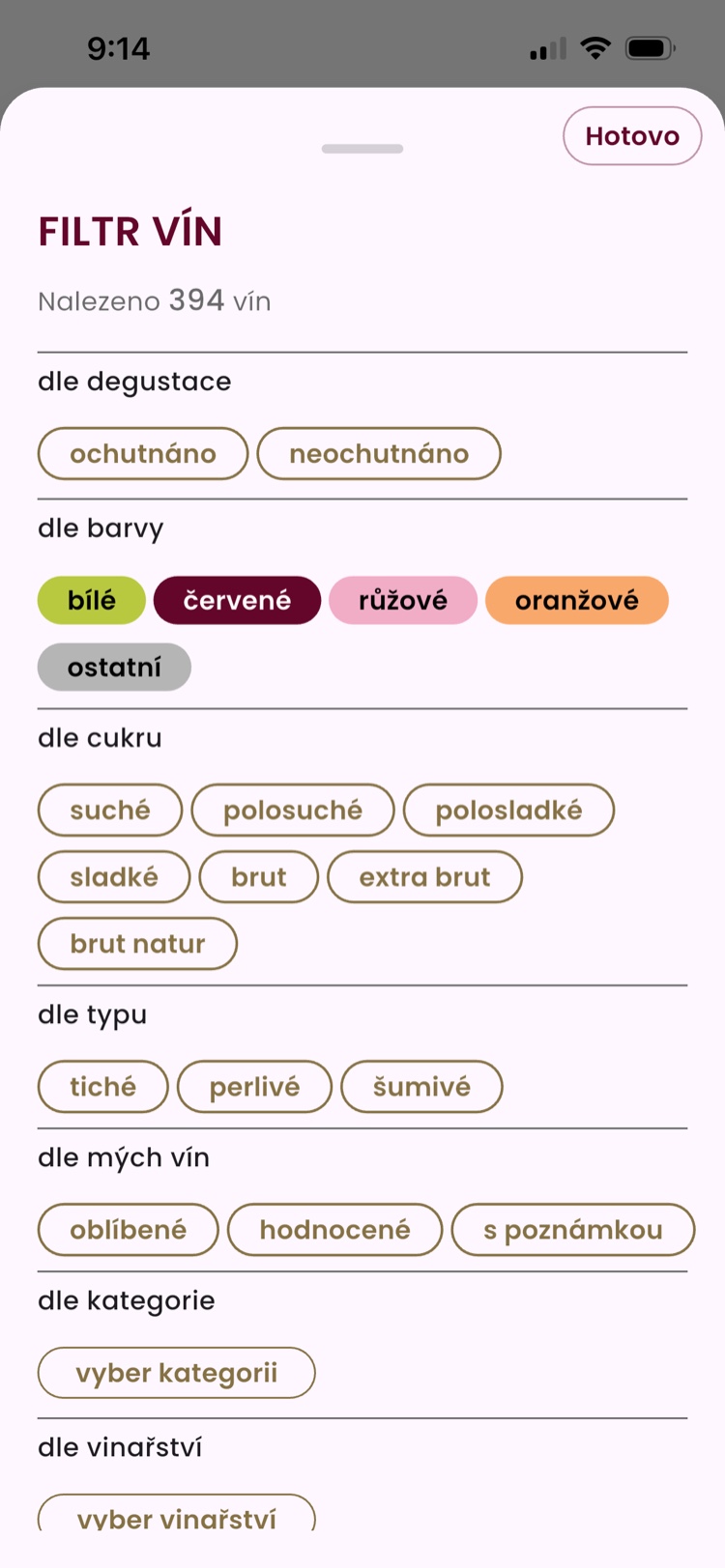 Filtrování vín podle chuti