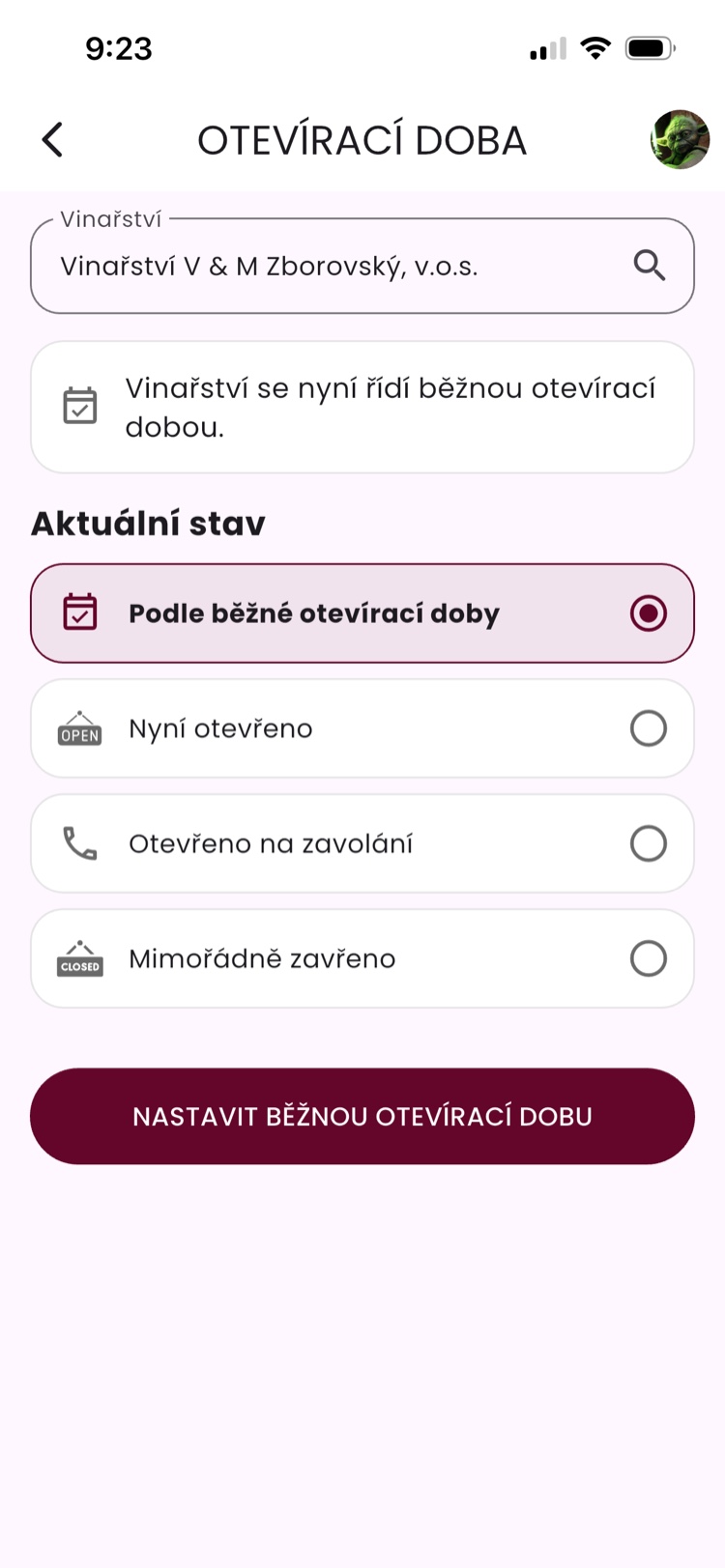 Nastavení otevírací doby vinařem přímo z aplikace
